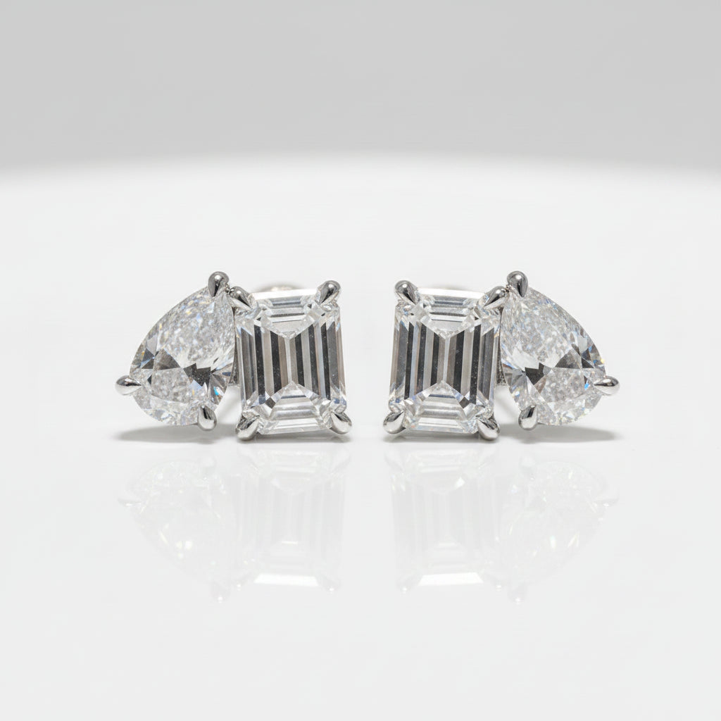 Devotion- Emerald & Pear Cut Natural Moss Agate & Moissanite Stud Earrings-Evani Jewelry