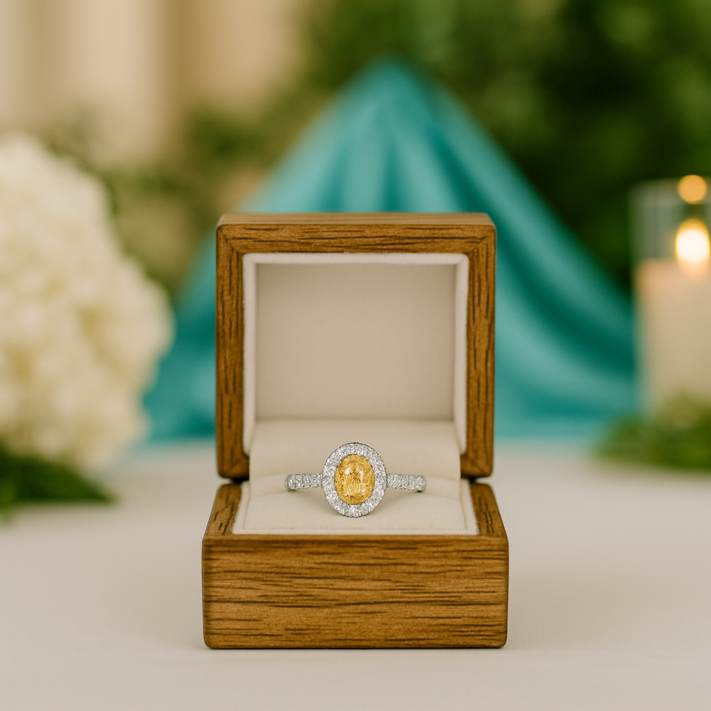 Diamond ring in a wooden box with a blurred background