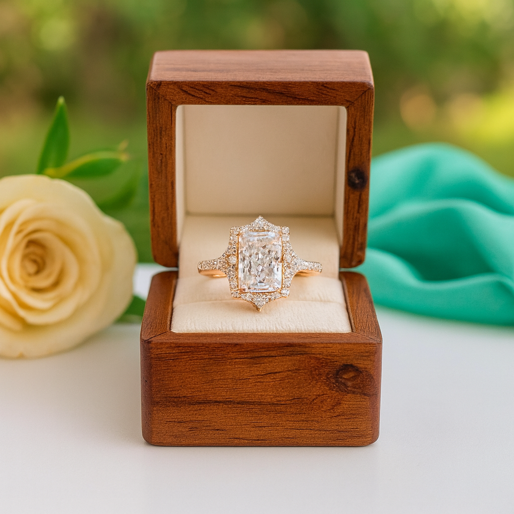 Diamond ring in a wooden box with a blurred floral background