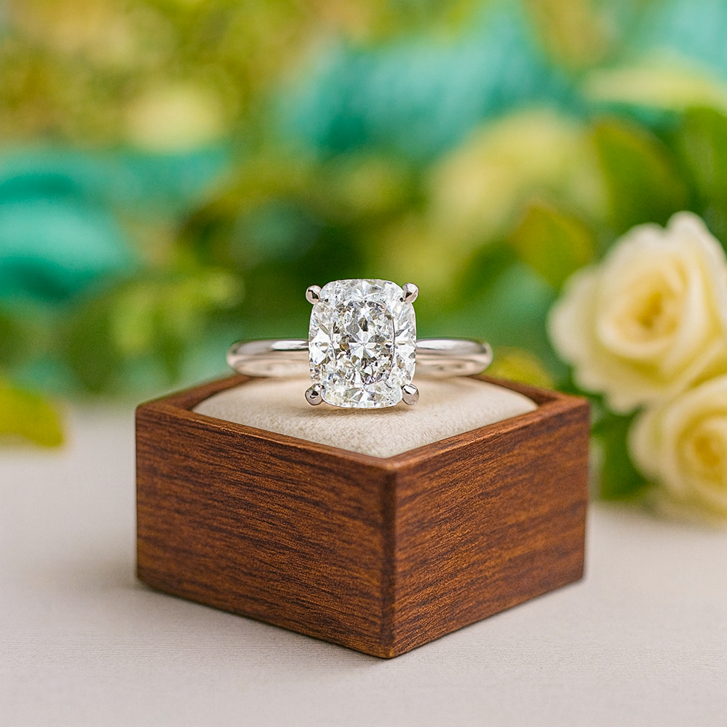 Diamond ring in a wooden box with a blurred floral background