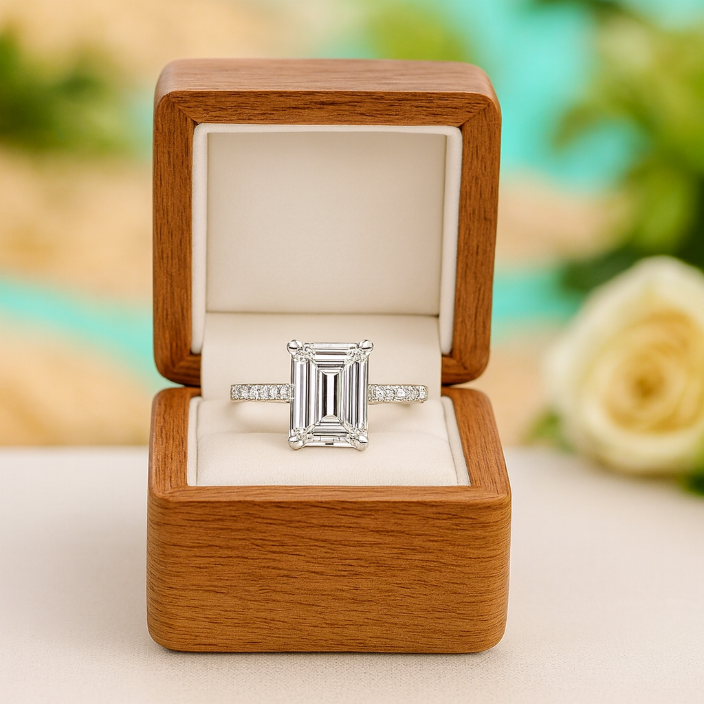 Diamond ring in a wooden box with a blurred floral background