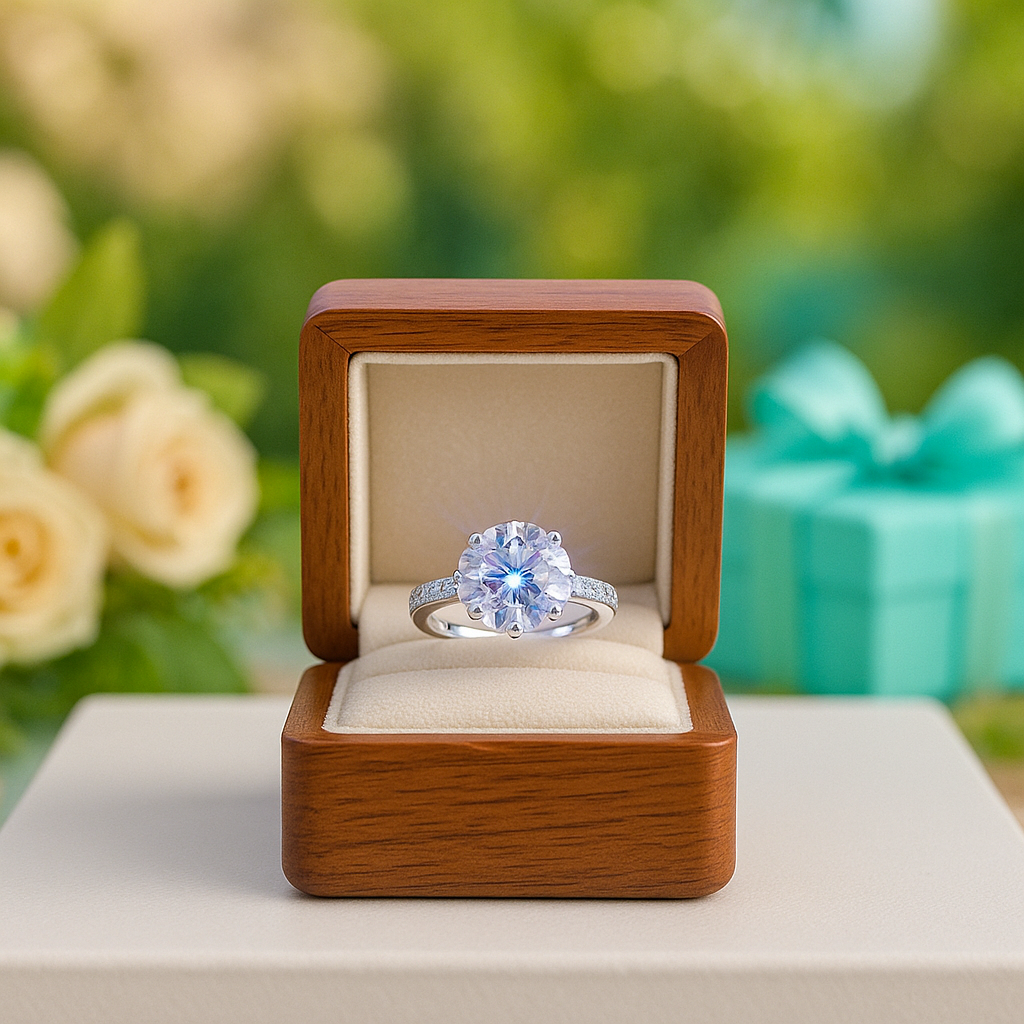Diamond ring in a wooden box with flowers and a gift in the background