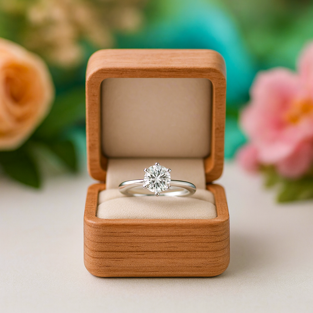 Diamond ring in a wooden box with flowers in the background