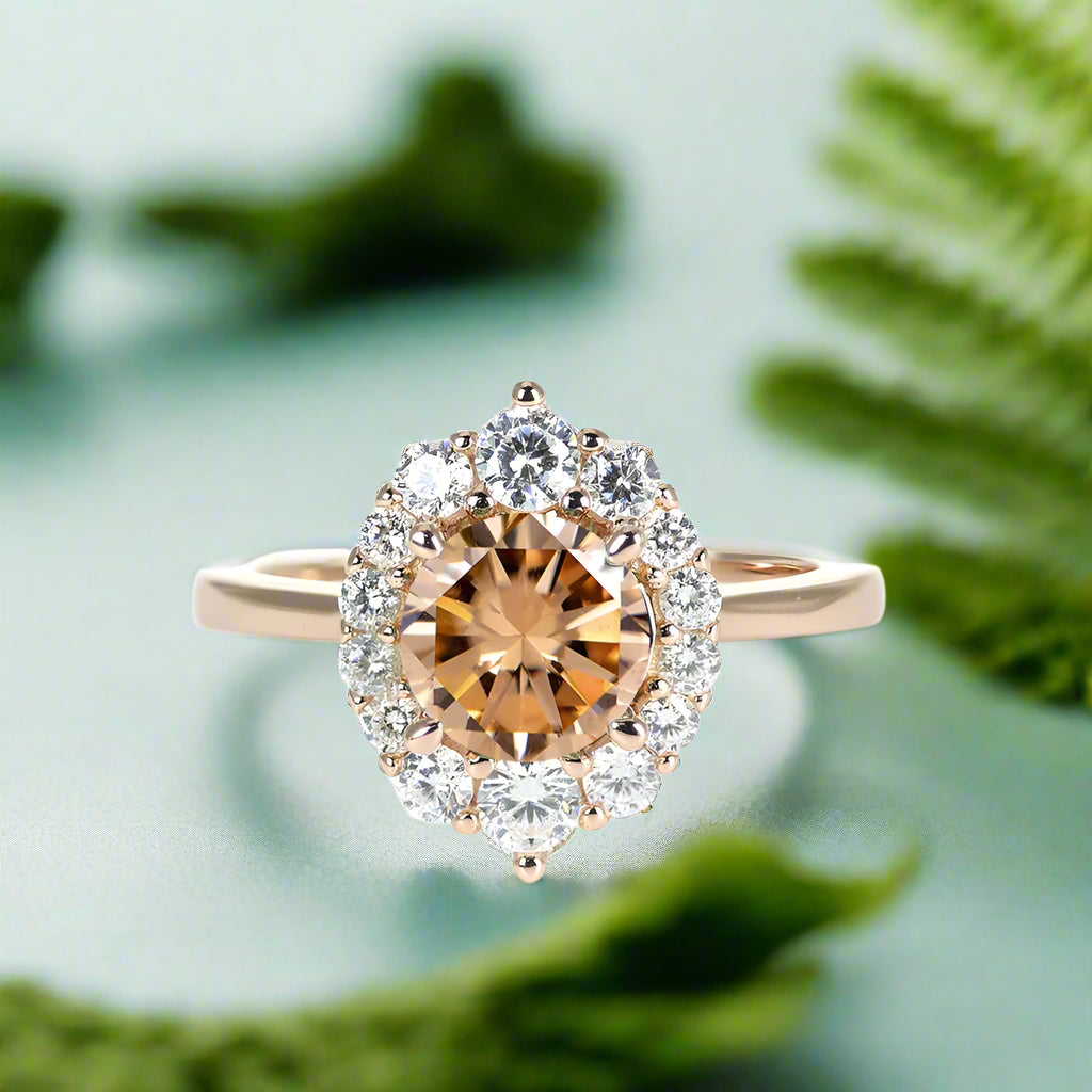 Diamond ring with a central brown gemstone and smaller diamonds on a white background