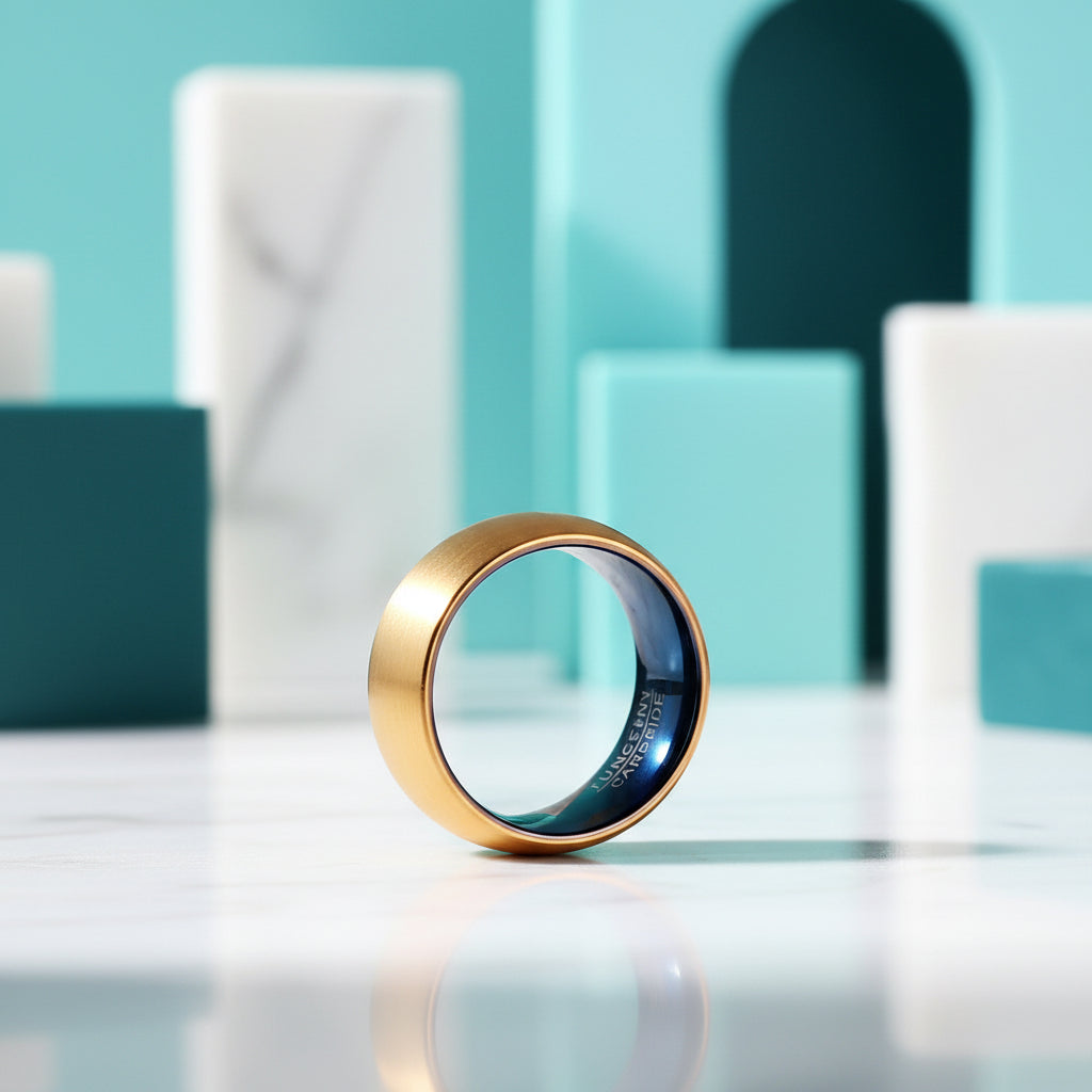 Domed Gold & Blue Tungsten Men's Wedding Band-Evani Jewelry
