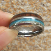 Domed Tungsten Men's Wedding Band with Blue & Wood Inlay-Evani Naomi Jewelry