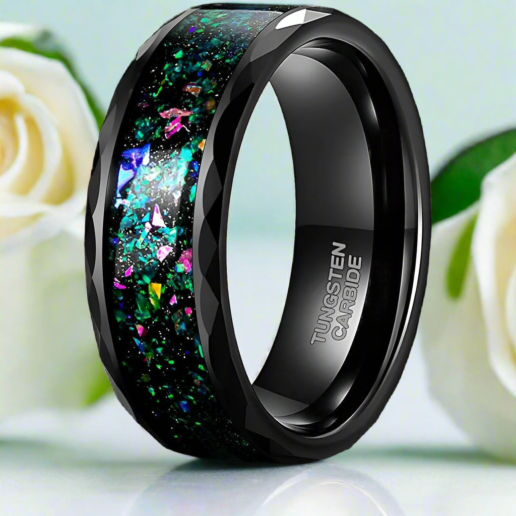 Domed Unisex Tungsten Wedding Band with Multi-Colors Opal Inlay-Evani Naomi Jewelry