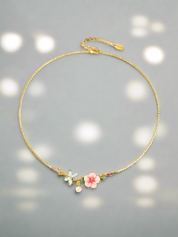 Dragonfly Hibiscus Enamel Flower with Pearl Necklace-Evani Naomi Jewelry