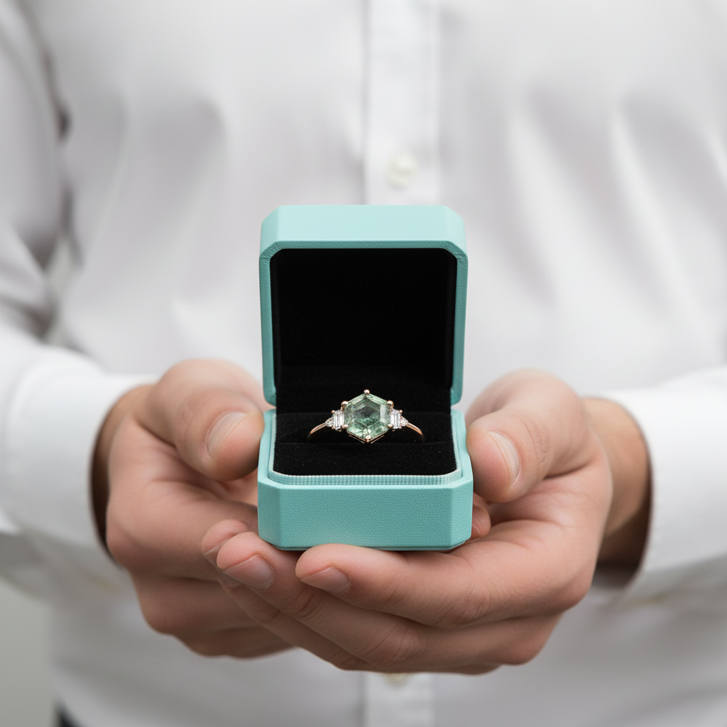 Heart's Golden Hour- Hexagon Cut Natural Moss Agate Engagement Ring - Evani Naomi Jewelry