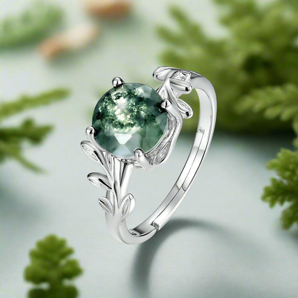 Natural Vintage 8*10mm Green Moss Agate Open Rings for Woman Wedding Gifts Certified Jewelry Wholesale-Evani Naomi Jewelry