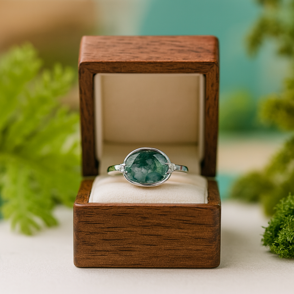 Green gemstone ring in a wooden box with a natural background