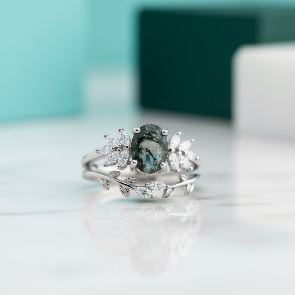 Wild and Gentle Vow- Oval Shaped Natural Moss Agate Engagement Ring-Evani Jewelry