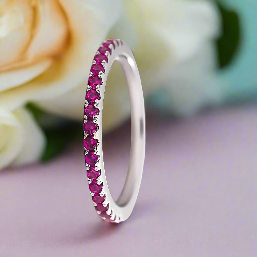 Elegant Fuchsia Diamond Half Eternity Wedding Band-Evani Naomi Jewelry