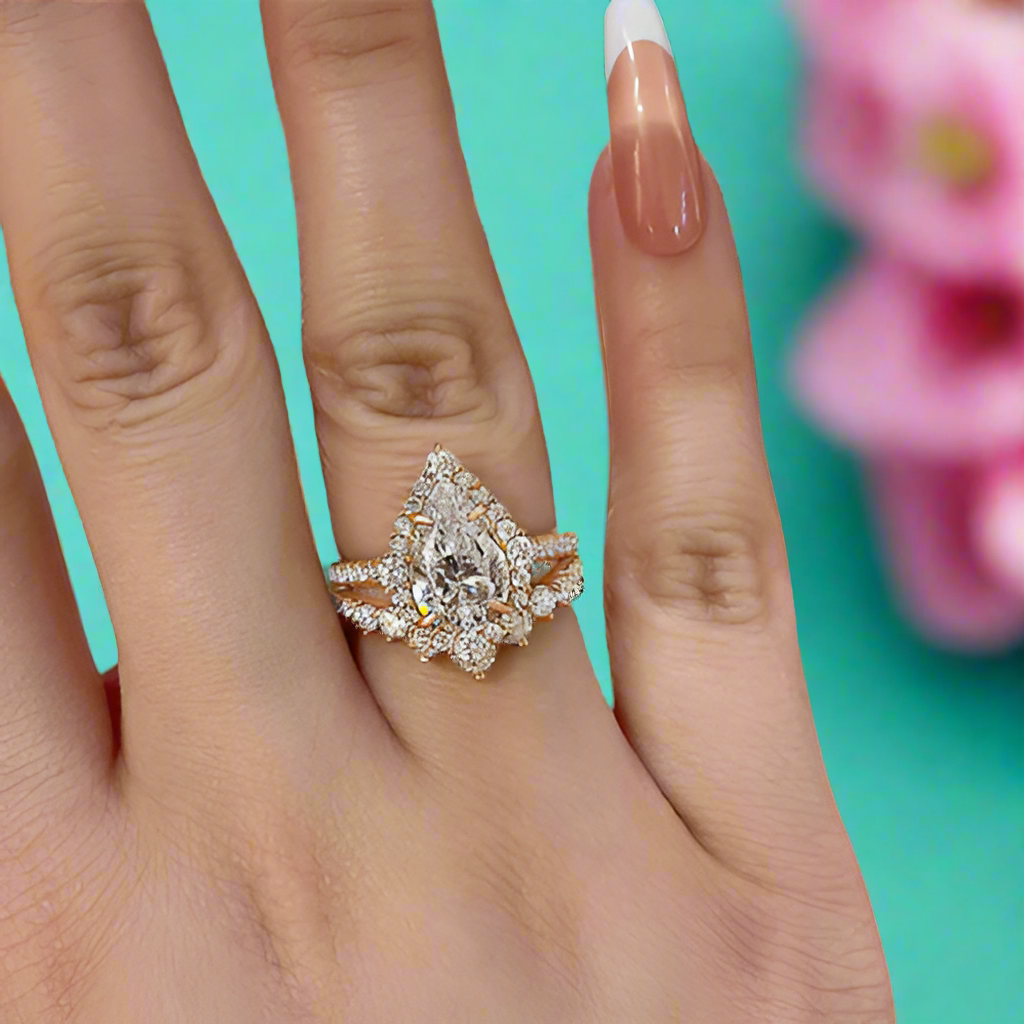 Elegant Pear Cut 2.2 Carat Halo Vintage Style Bridal Ring Set-Evani Naomi Jewelry