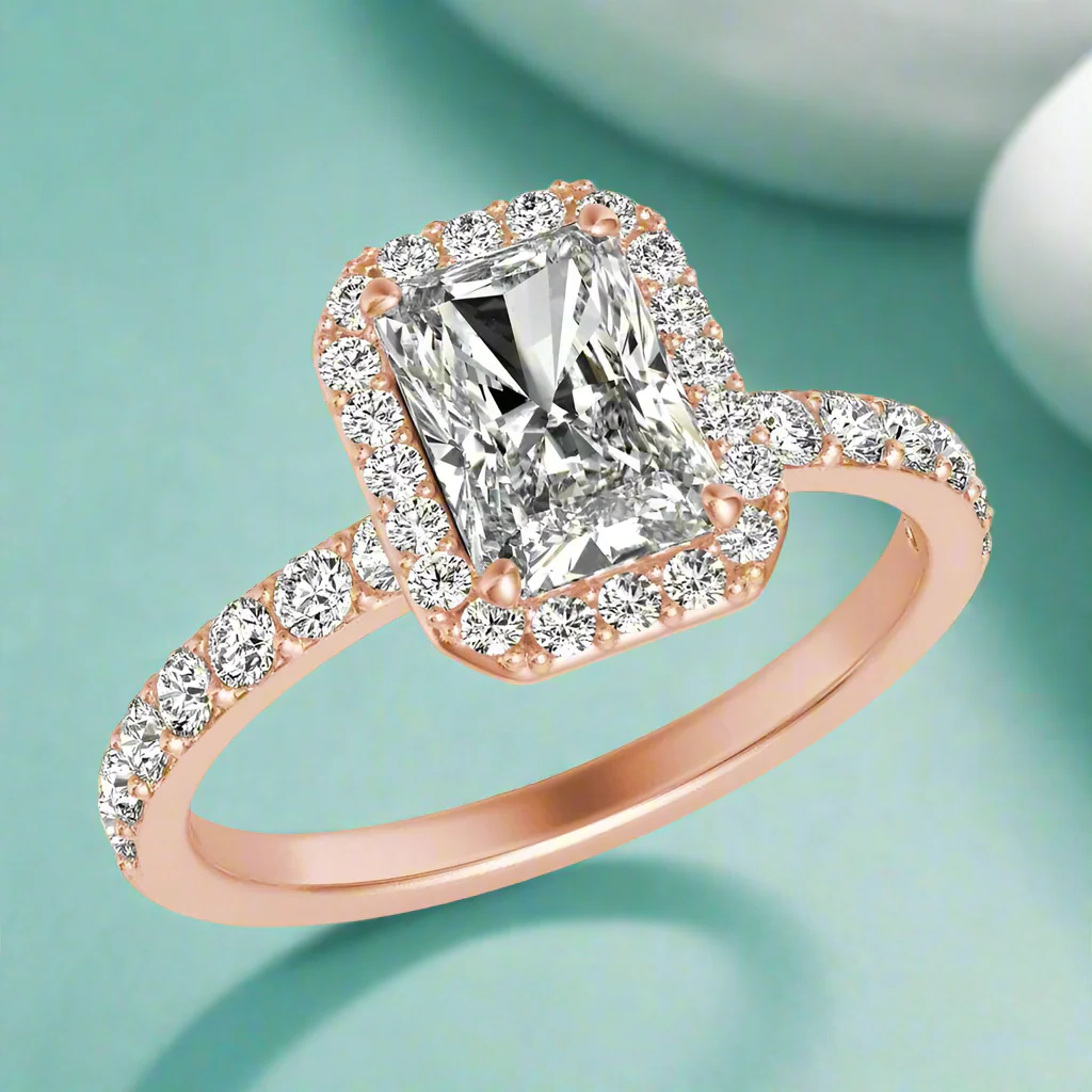 Elongated Classic Rose Gold Halo Radiant Cut Engagement Ring-Evani Naomi Jewelry