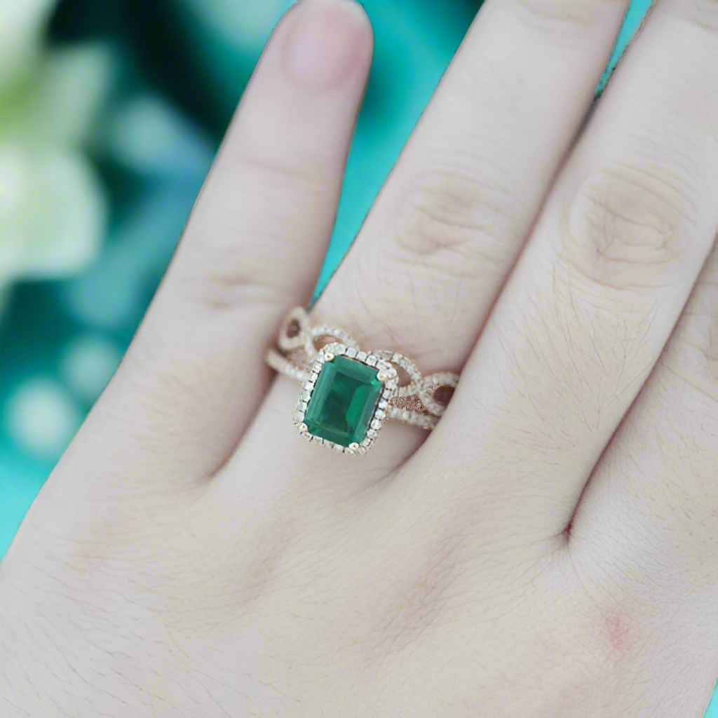 Emerald Cut Green Diamond 14K Rose Gold Wedding Ring Set-Evani Naomi Jewelry