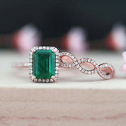 Emerald Cut Green Diamond 14K Rose Gold Wedding Ring Set-Evani Naomi Jewelry