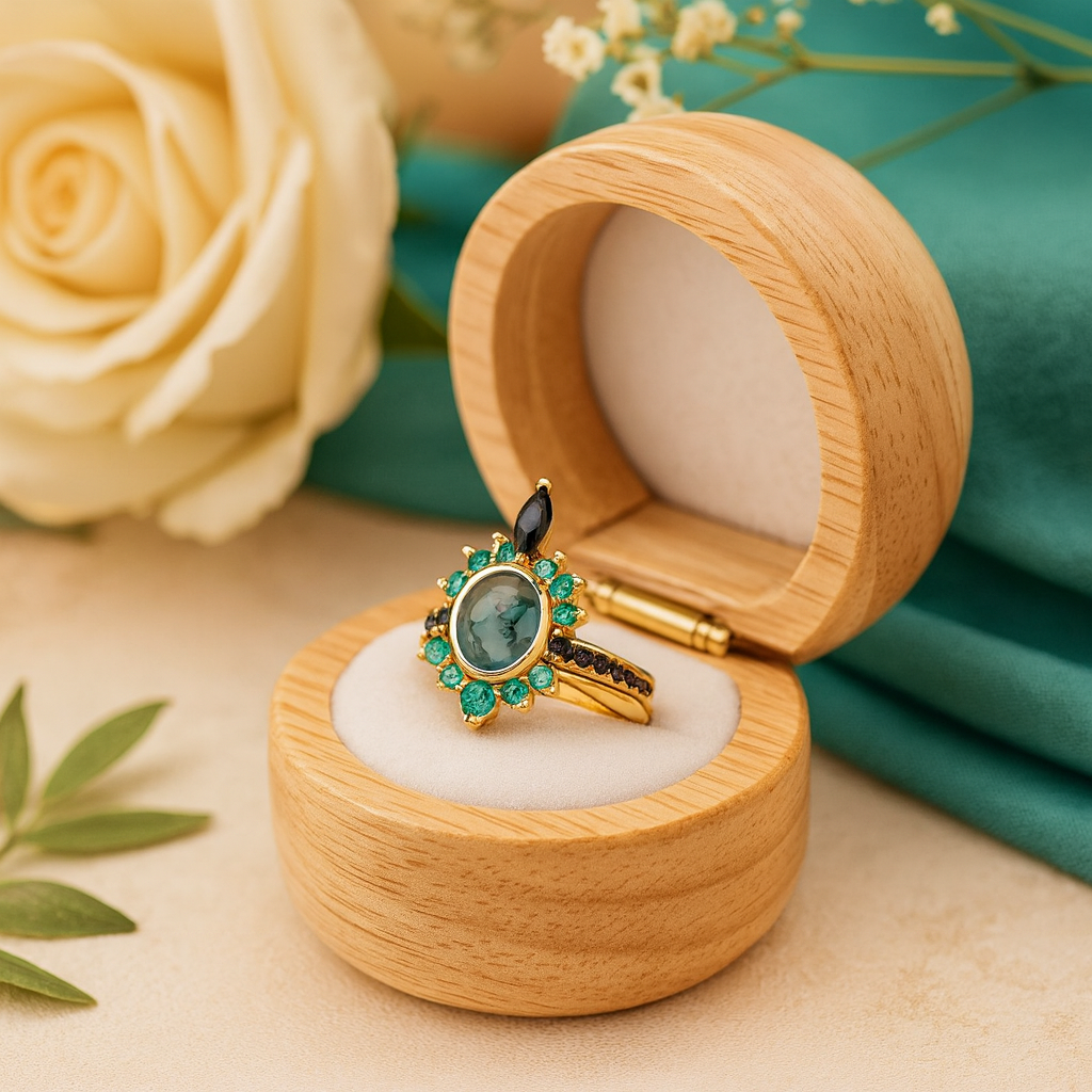 Emerald Dawn – Round-cut Moss Agate & Onyx Sunburst Ring-Evani Jewelry