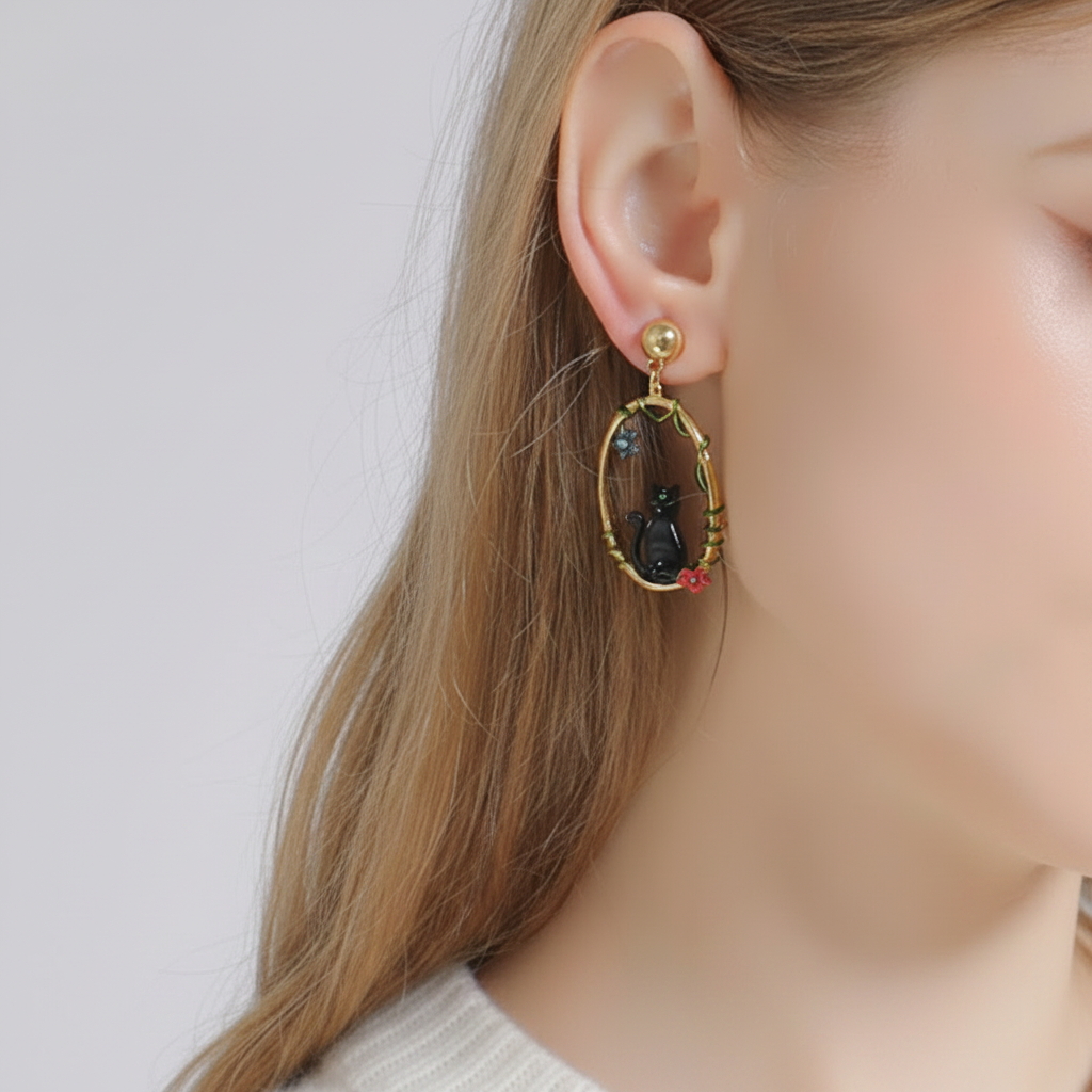 Enamel Diamond Black and White Cat Earrings-Evani Jewelry
