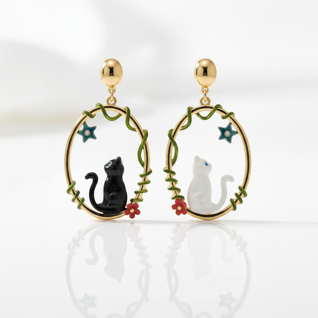 Enamel Diamond Black and White Cat Earrings-Evani Jewelry