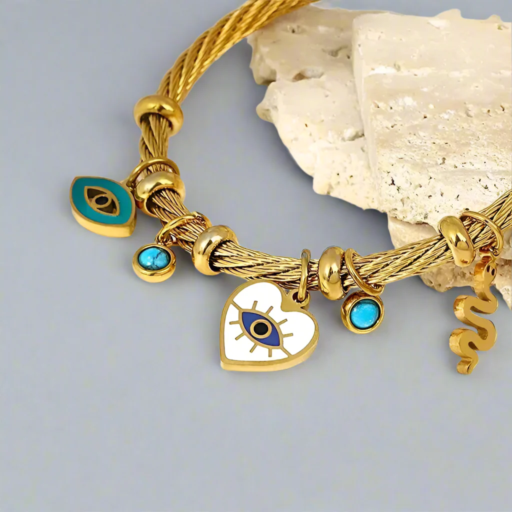 Enamel Snake Heart Evil Eye Stainless Steel Bracelet-Evani Naomi Jewelry