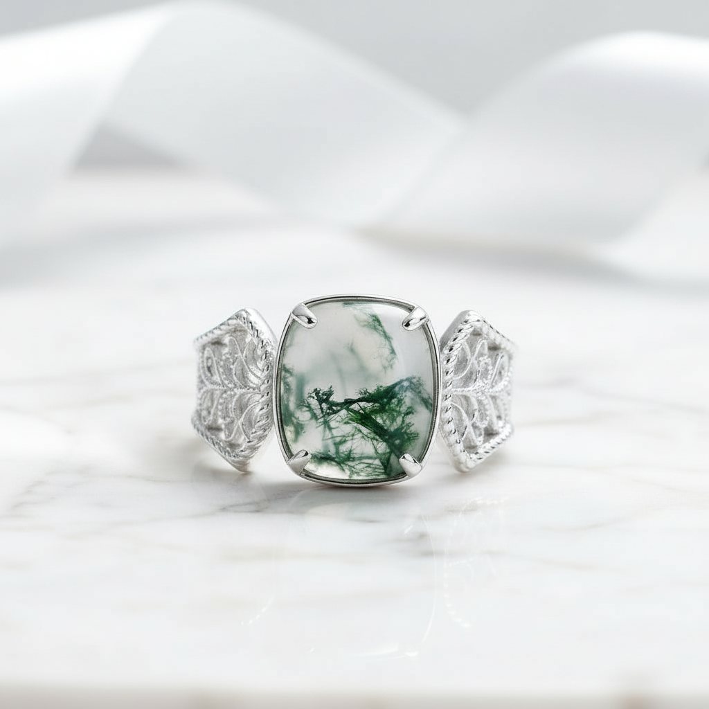 Endless Devotion- Natural Vintage Cushion Cut Moss Agate Ring - Evani Naomi Jewelry