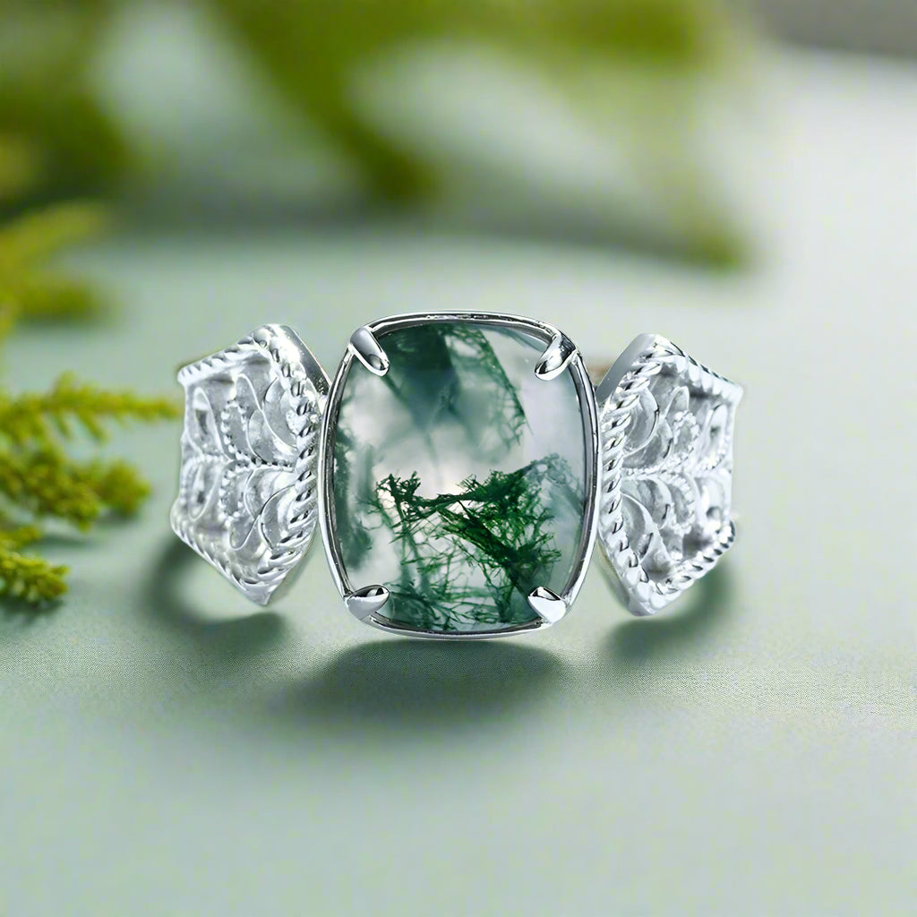 925 Sterling Silver Natural Vintage 8*10mm Green Moss Agate Open Rings for Woman Wedding Gifts Certified Jewelry Wholesale-Evani Naomi Jewelry