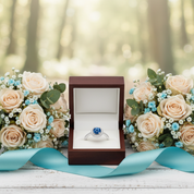 Engagement ring in a box with two flower bouquets on a wooden surface, blurred forest background