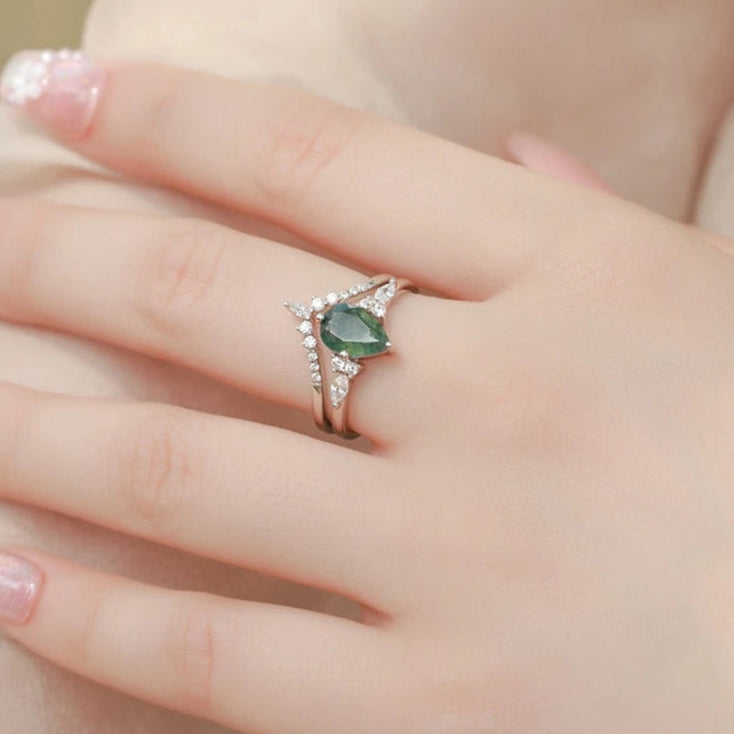Eternal Love- Kite Shape Moss Agate Wedding Ring-Evani Naomi Jewelry
