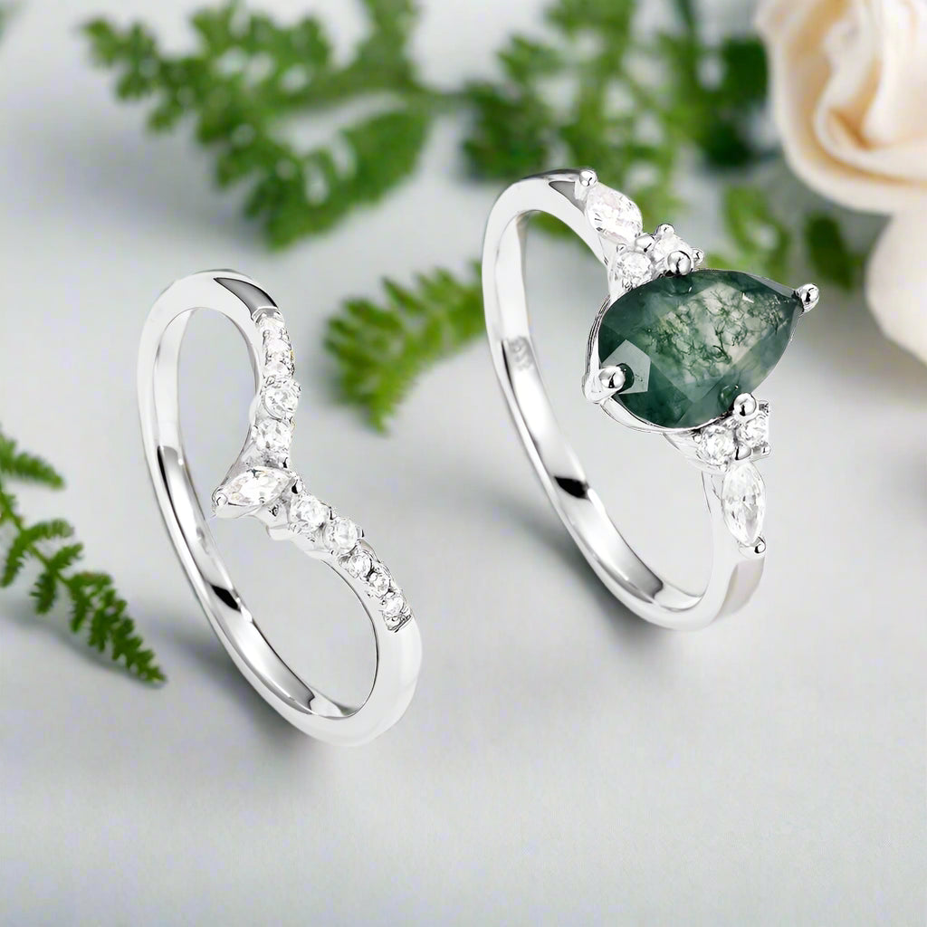 Eternal Love- Kite Shape Moss Agate Wedding Ring-Evani Naomi Jewelry