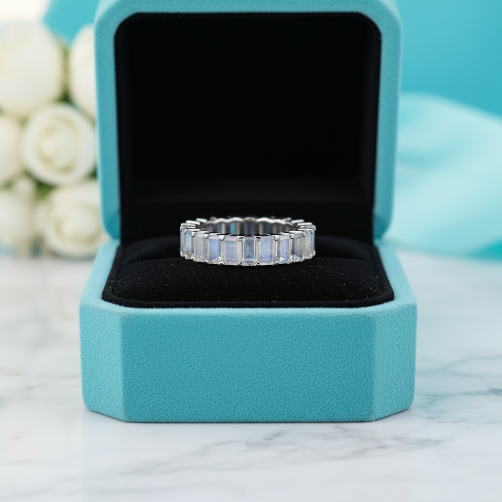 Eternity Moonstone Emerald Cut White Gold Wedding Band-Evani Jewelry