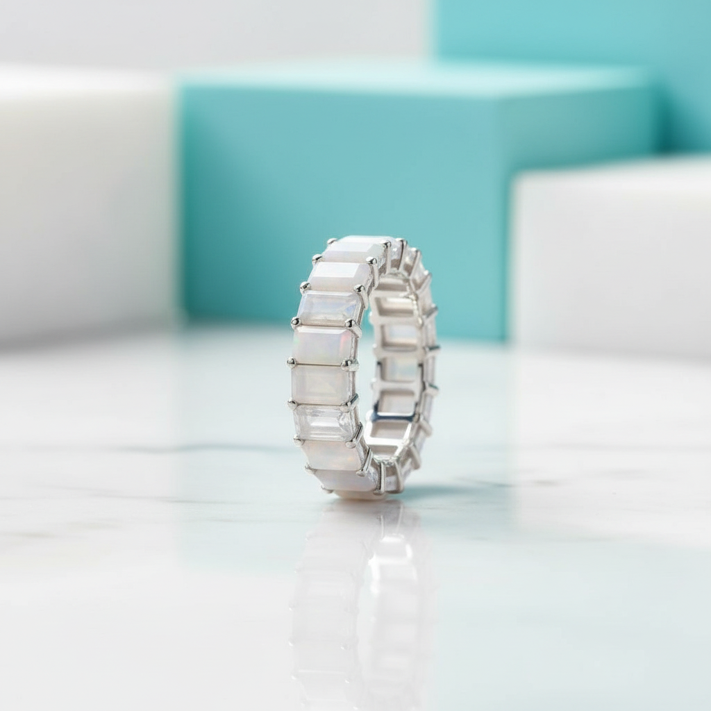 Eternity Moonstone Emerald Cut White Gold Wedding Band-Evani Jewelry