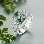 Natural Vintage 8*10mm Green Moss Agate Open Rings for Woman Wedding Gifts Certified Jewelry Wholesale-Evani Naomi Jewelry