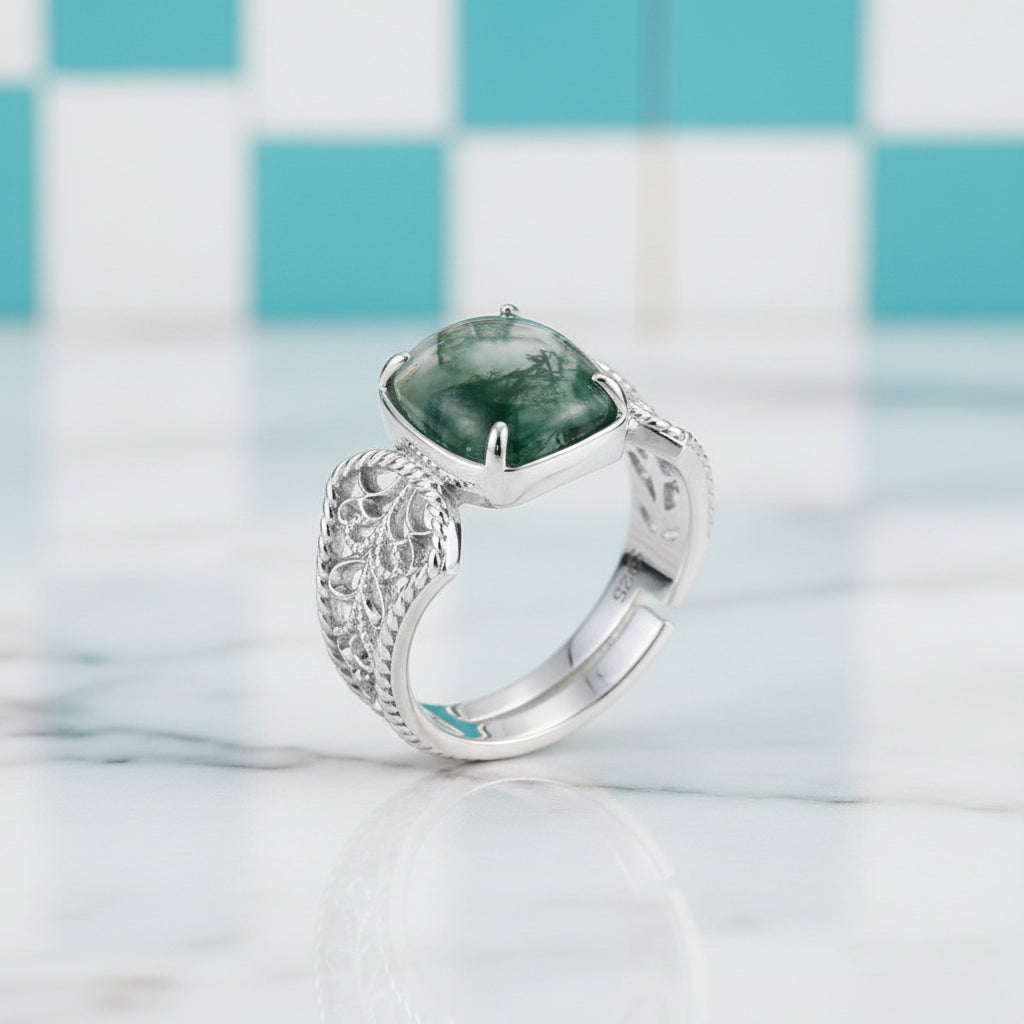 Endless Devotion- Natural Vintage Cushion Cut Moss Agate Ring-Evani Jewelry
