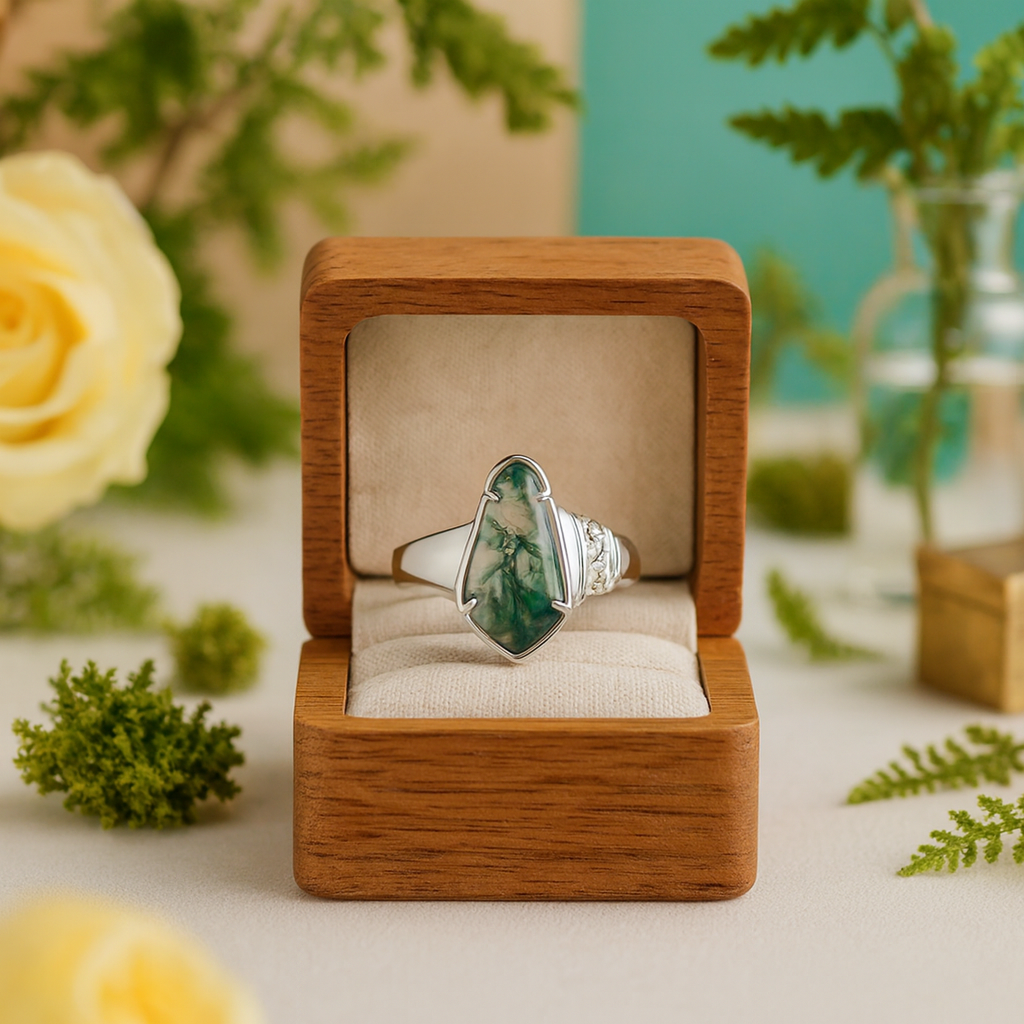 Silver ring with green stone in a wooden box on a decorative surface with flowers and plants.