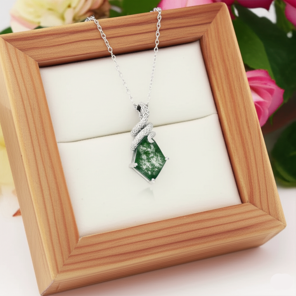 Evergreen Promise- Snake Natural Moss Agate Pendant Necklace - Evani Naomi Jewelry