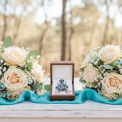 Floral arrangement with a decorative box on a wooden surface outdoors