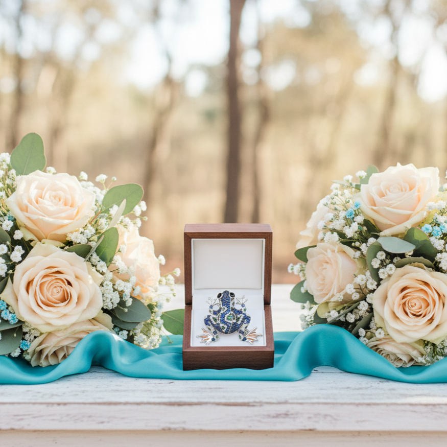 Floral arrangement with a decorative box on a wooden surface outdoors