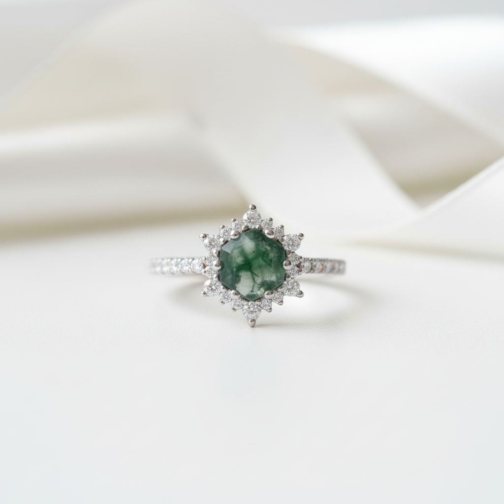 Forest Heart- Hexagon Cut Natural Moss Agate Ring-Evani Jewelry