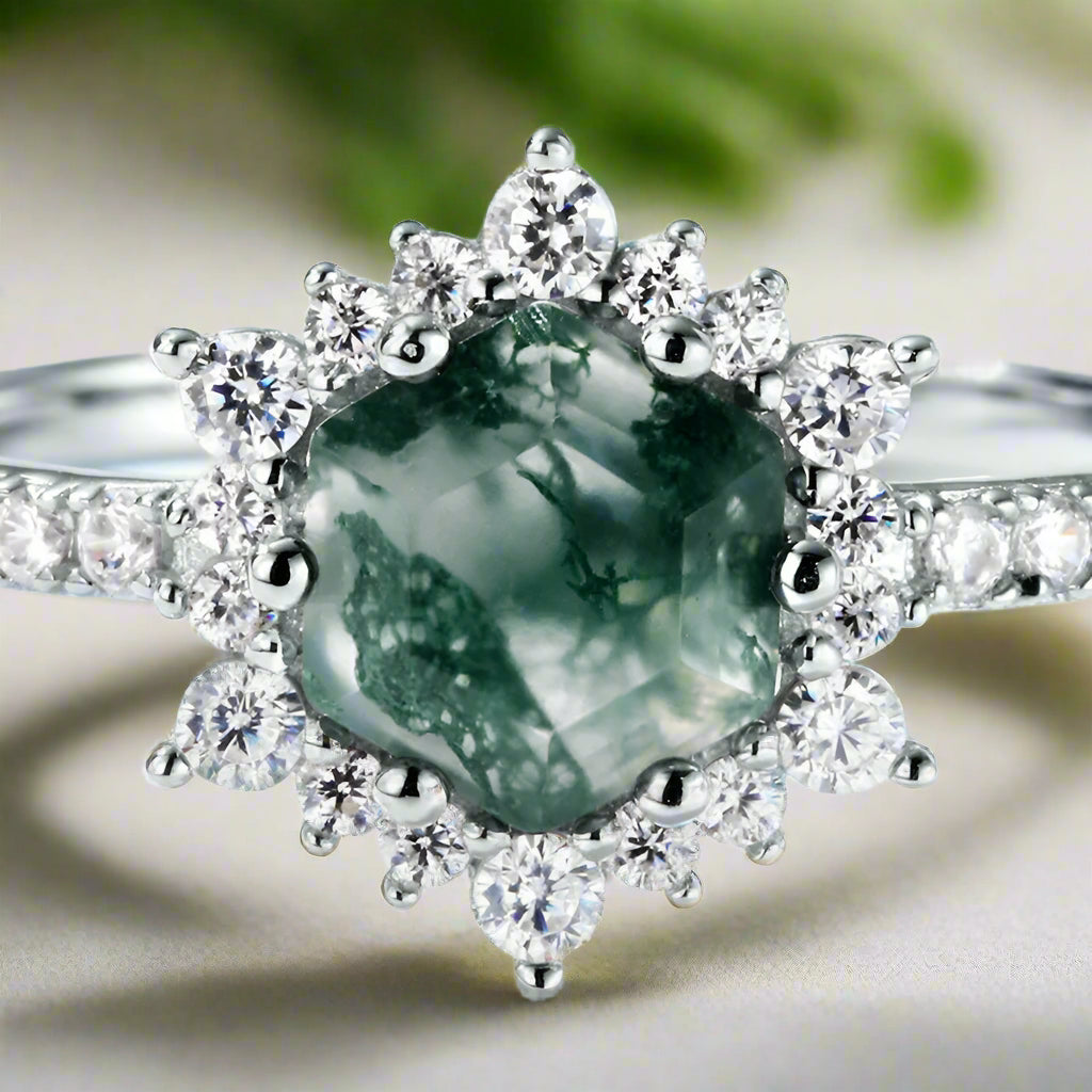 Forest Heart- Hexagon Cut Natural Moss Agate Ring-Evani Naomi Jewelry