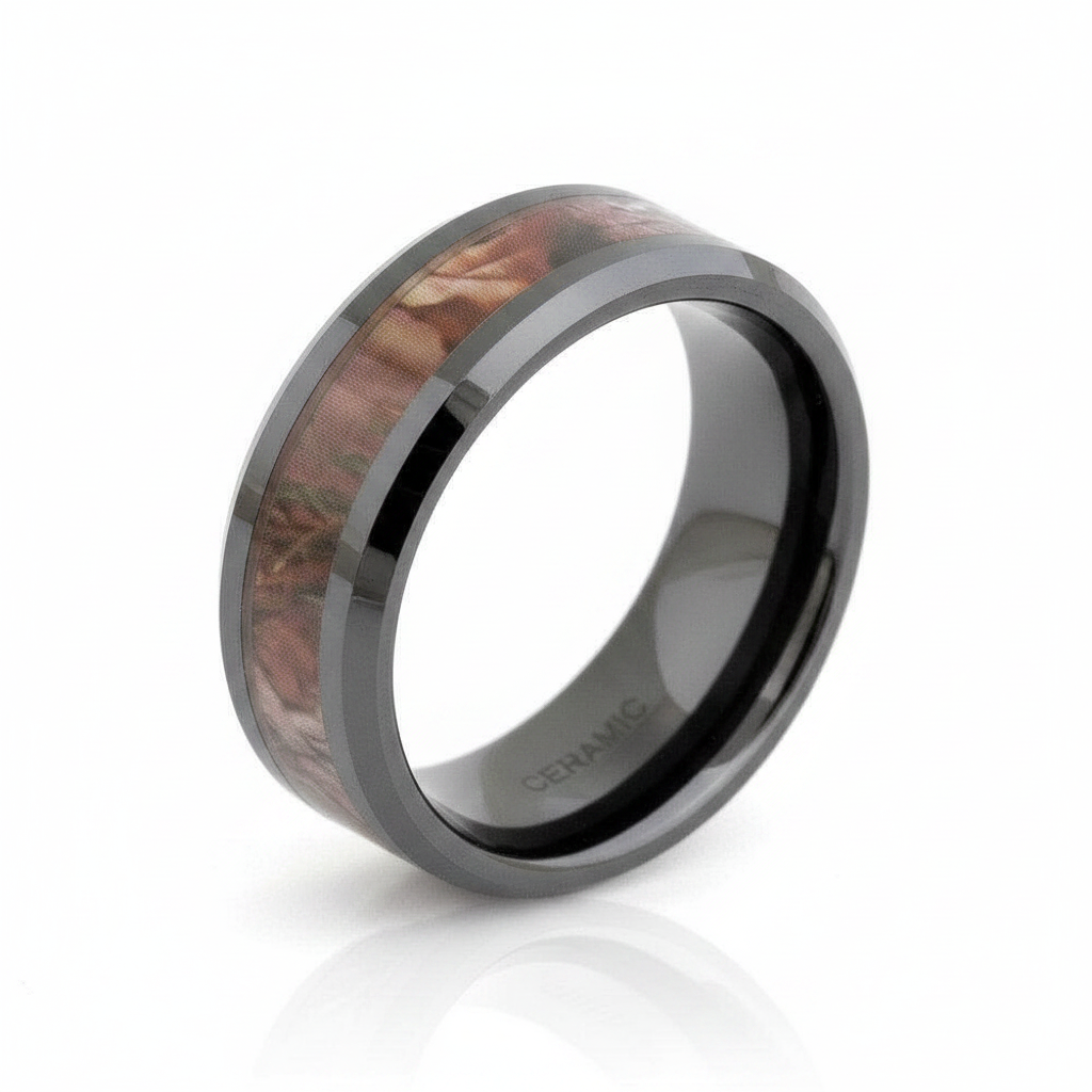 Glossy Black 8mm Ceramic Wedding Band with Camo Inlay - Evani Naomi Jewelry