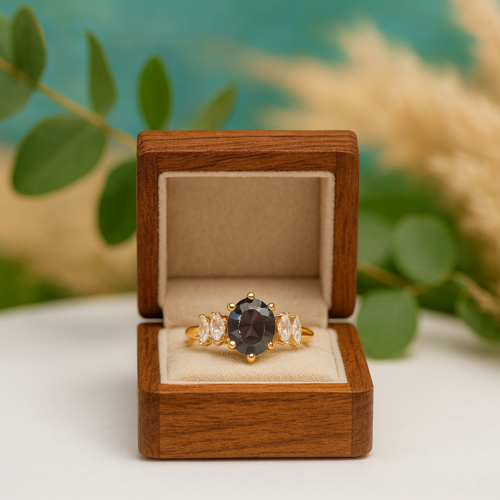 Gold ring with a dark gemstone in a wooden box against a natural background