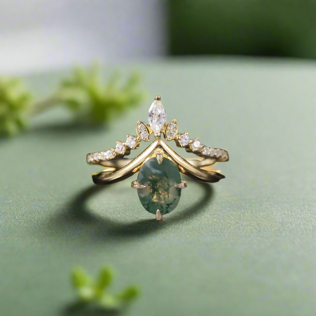 Gold ring with a green gemstone and diamond accents on a dark background