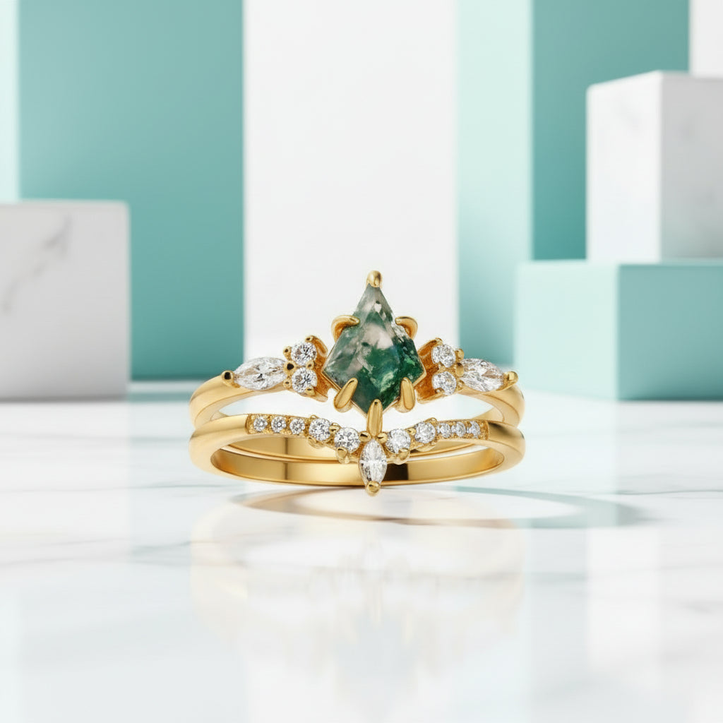 Woven Love- Kite Cut Natural Unique Moss Agate Ring in White Gold-Evani Jewelry