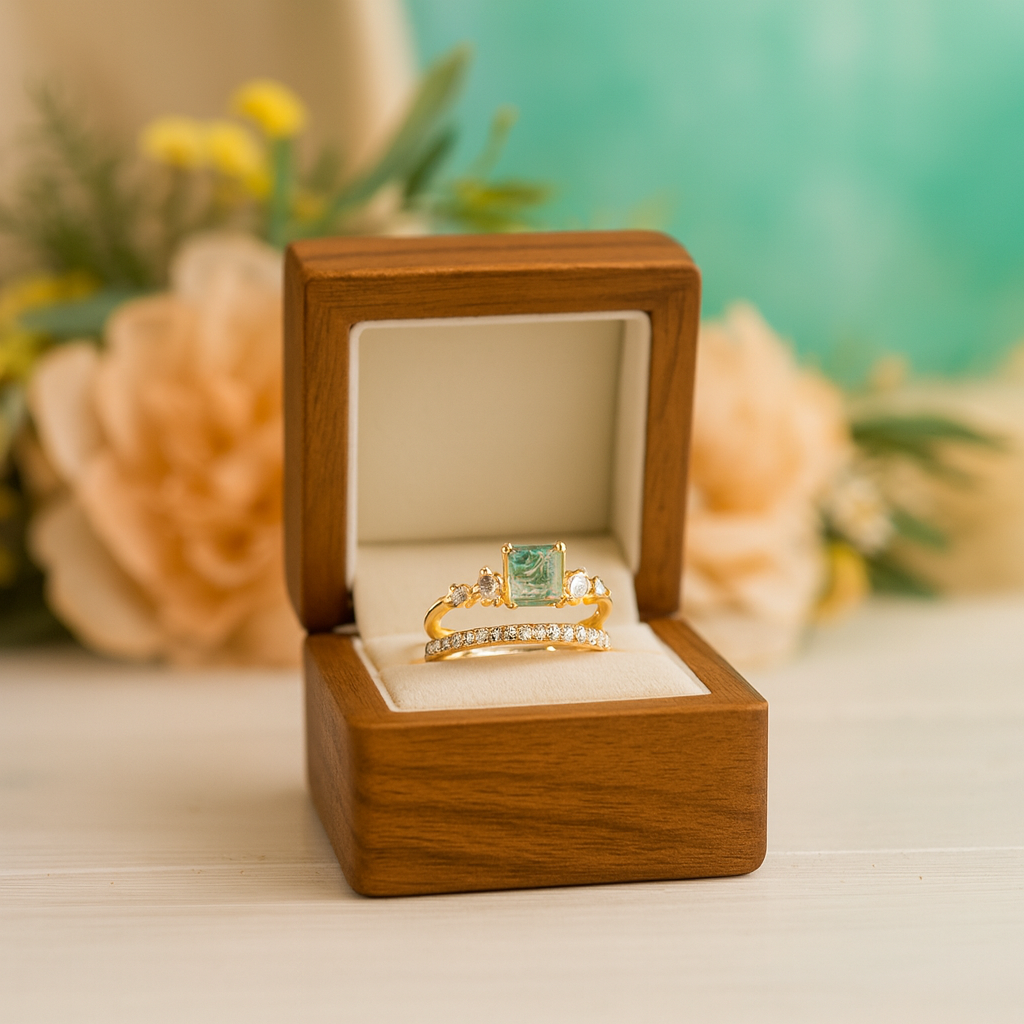 Gold ring with a green gemstone in a wooden box against a floral background