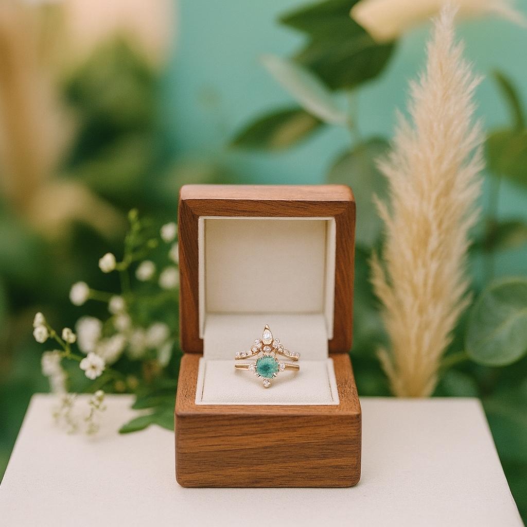 Gold ring with a green gemstone in a wooden box against a natural background