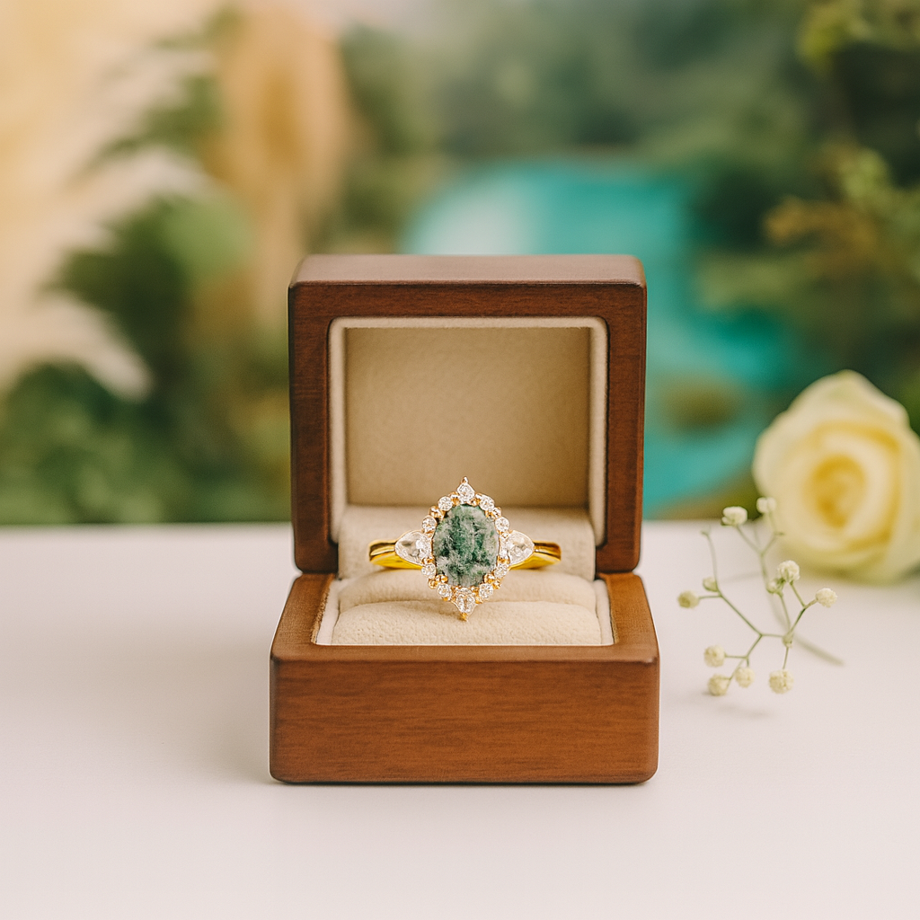 Gold ring with a green gemstone in a wooden box on a blurred natural background