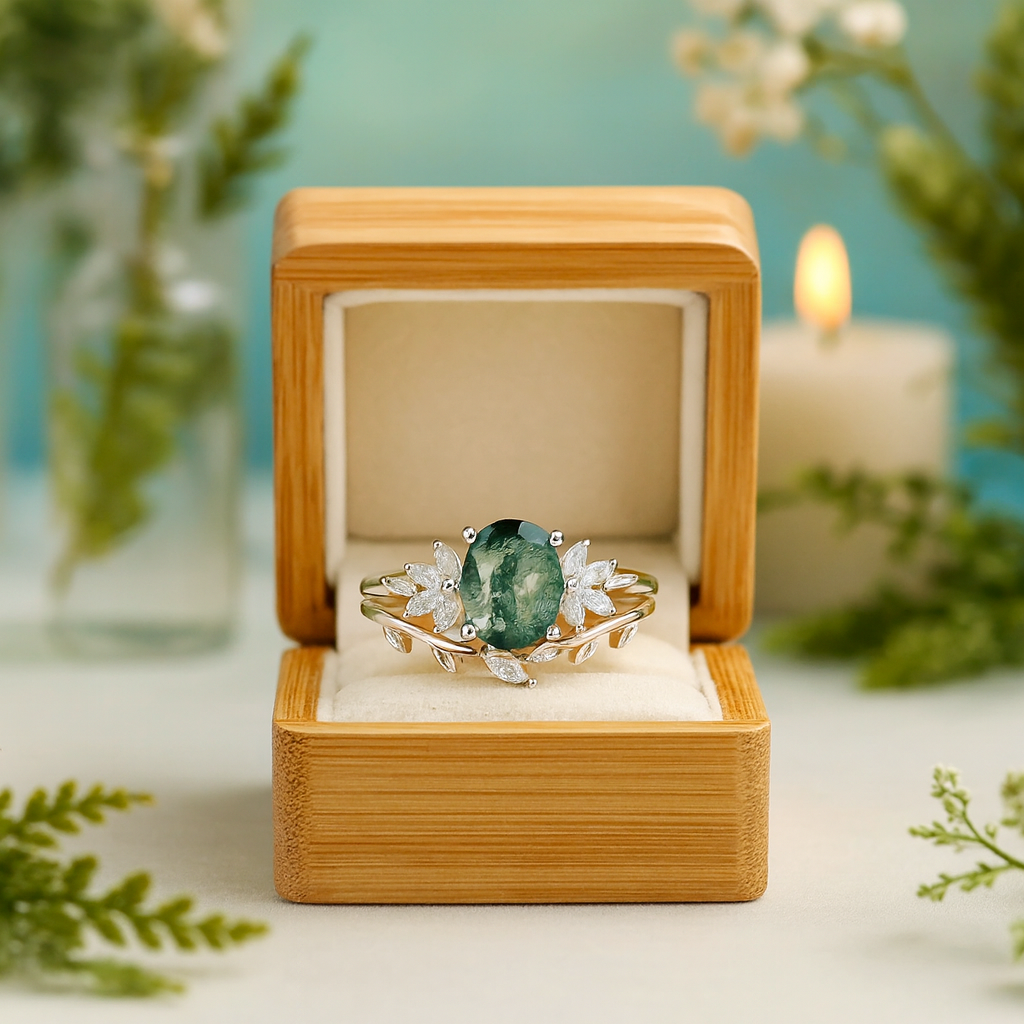 Gold ring with a green gemstone in a wooden box with a blurred floral background