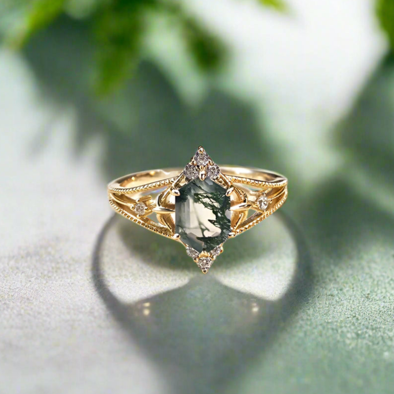 Gold ring with a green gemstone on an open book