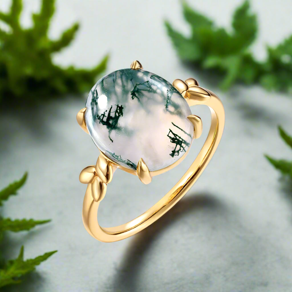 Gold ring with a green stone on a white background